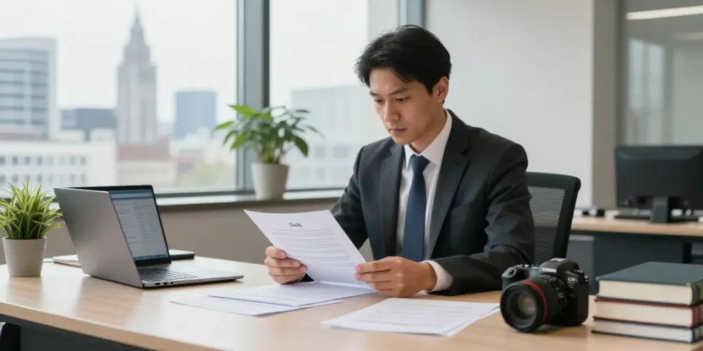 Inkasso in Leipzig: Legal expert reviewing debt collection files in a professional office.