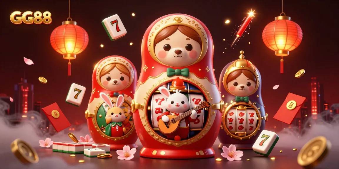 Exciting GG88 gaming scene with Matryoshka dolls and dynamic slot elements for casino action.