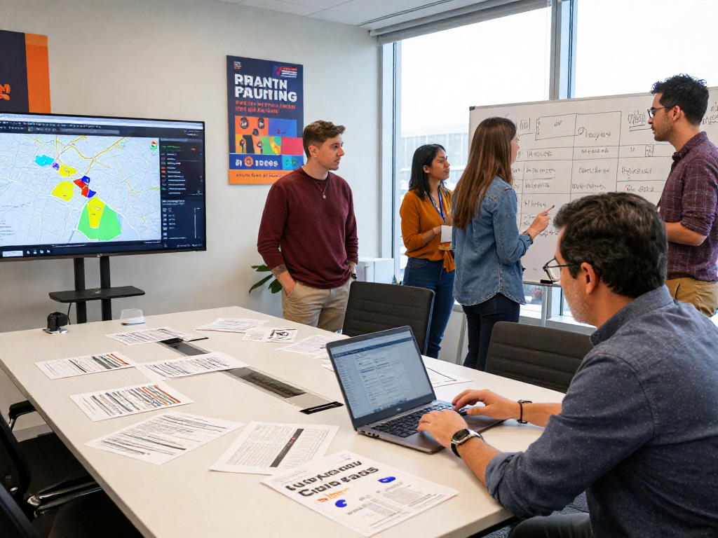 Political OTT advertising strategy meeting with data analysis and campaign planning in a modern office setting.