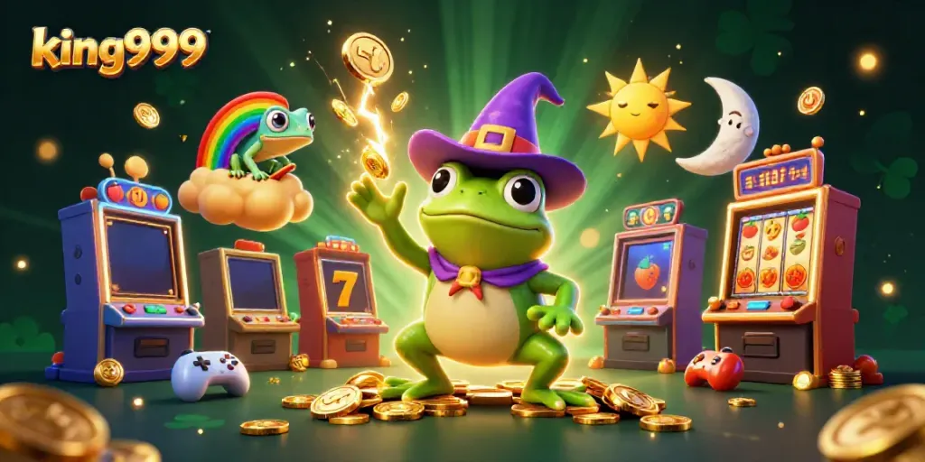 Permainan slot king999 diilustrasikan dengan raja dan koin emas.