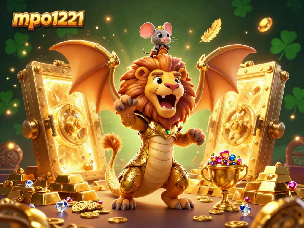 Experience the thrill of mpo1221 gaming with a vibrant scene featuring a triumphant chimera and treasures.