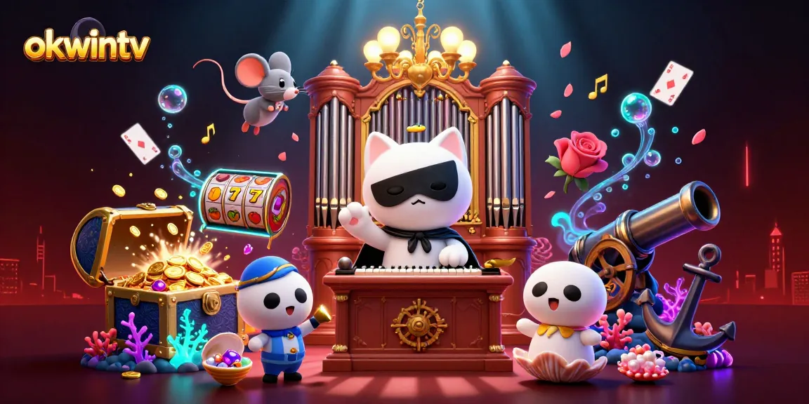Engage with okwintv's vibrant casino scene featuring a masked cat, acrobat, and floating slot reels.