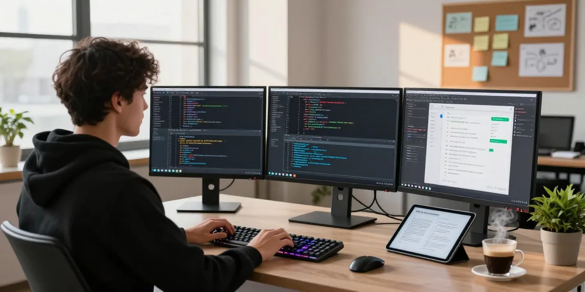 Developer coding with an AI code generator on multiple screens in a bright modern workspace.