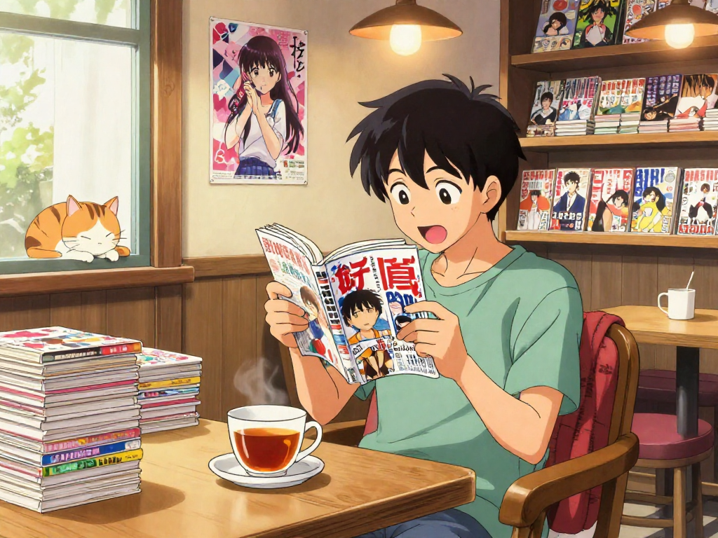 A cozy café scene with a person excitedly reading the latest manga chapters while surrounded by manga volumes and warm atmosphere, perfect for manga enthusiasts.