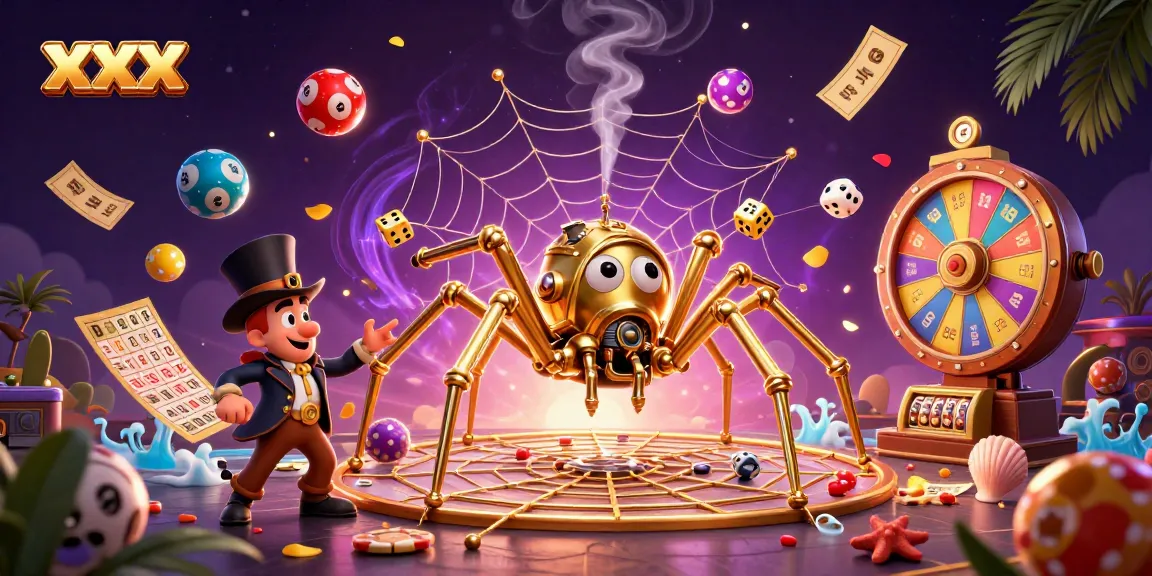 Experience the excitement of xxx with a colorful and dynamic illustration of a steampunk spider and lottery elements.