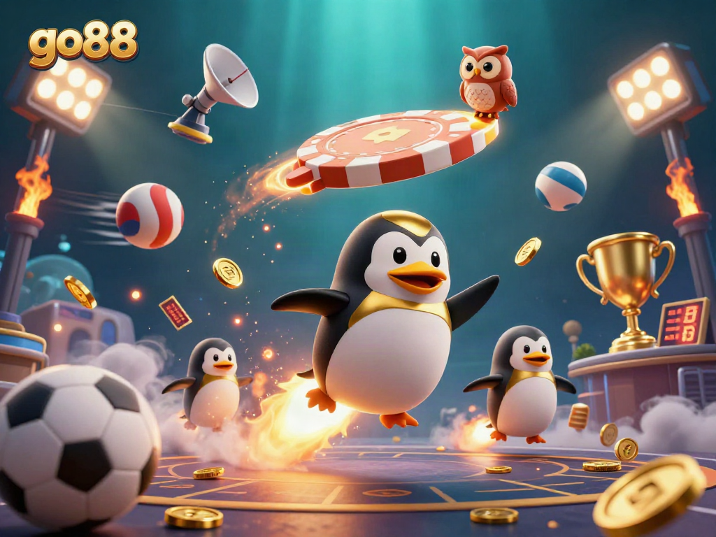 Experience the thrill of go88 with a golden penguin in a vibrant casino scene.