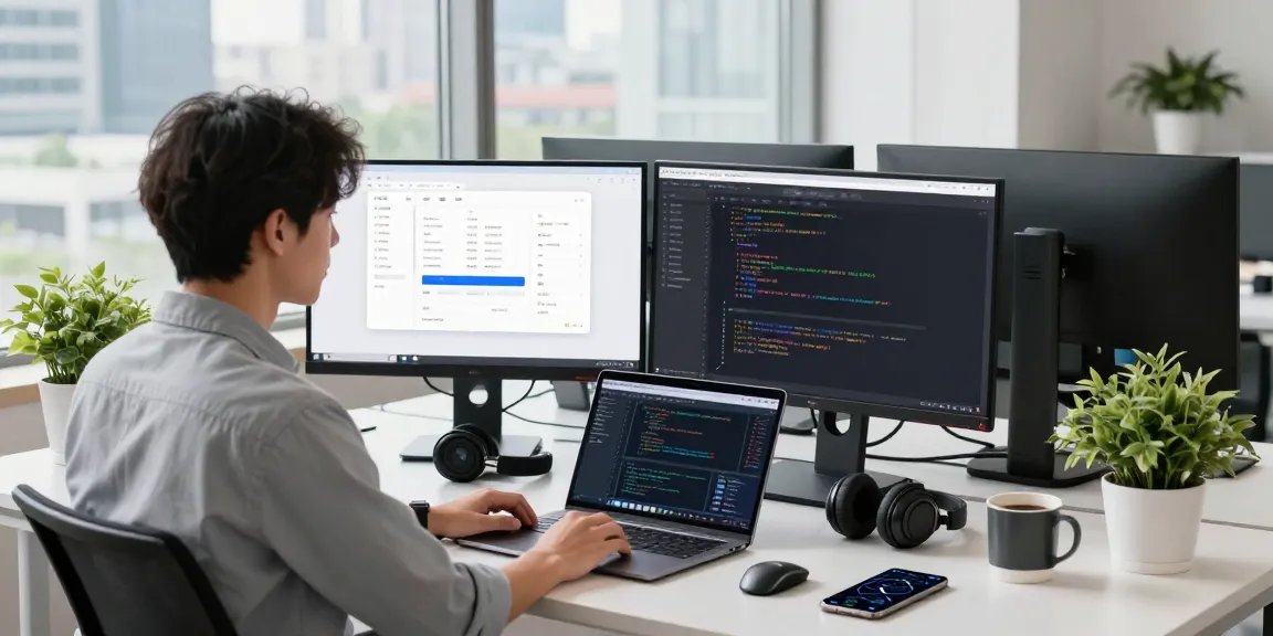 Seamless 快连 network connectivity in a modern tech workspace with dual monitors and productivity gadgets.