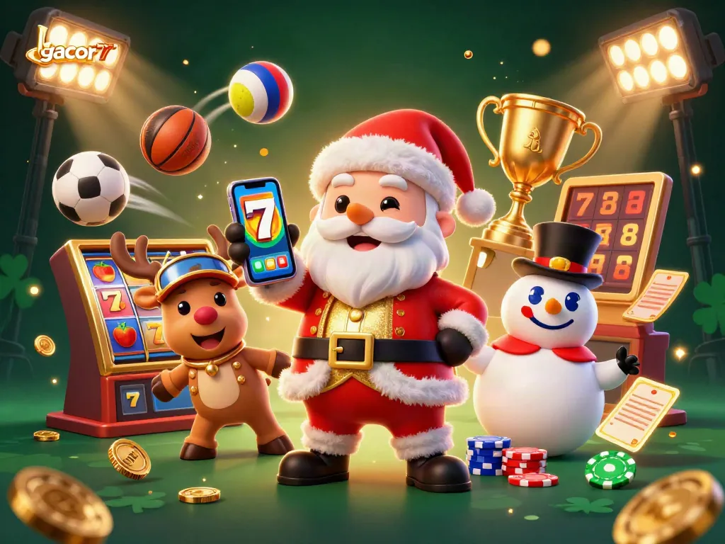 Rayakan keberuntungan di gacor77 dengan Santa Claus dan teman-teman dalam kasino yang penuh kegembiraan.