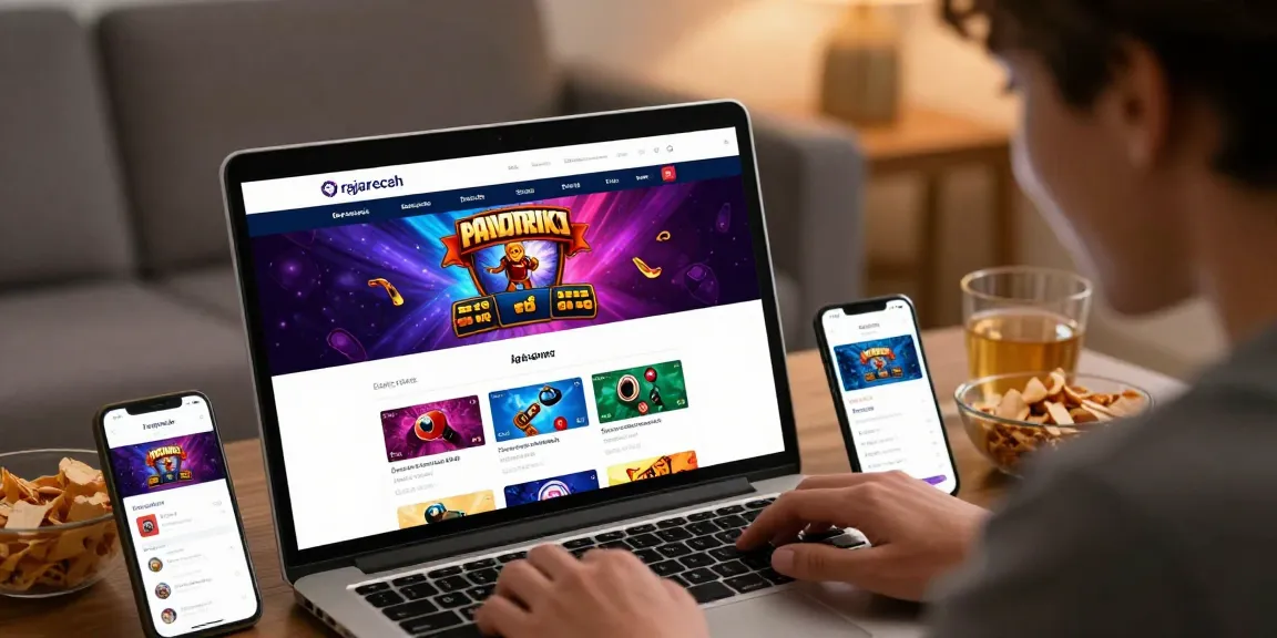 Pengguna yang bersemangat mengakses rajareceh login dengan laptop dan smartphone di rumah.