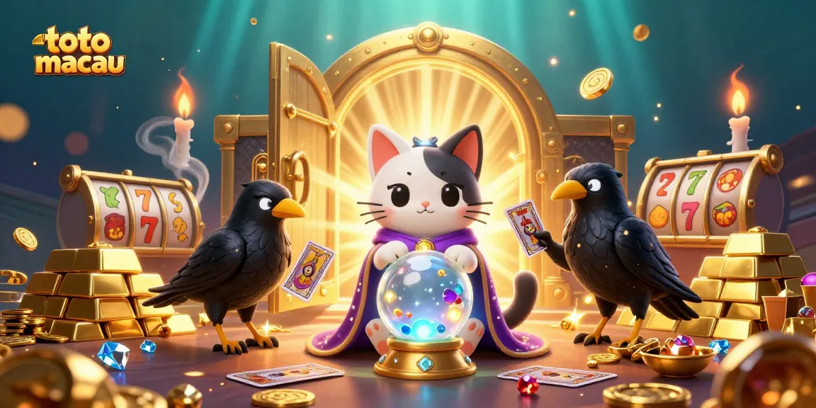 Toto macau menghadirkan momen perjudian yang magis dengan kucing peramal dan burung gagak di tengah harta karun.