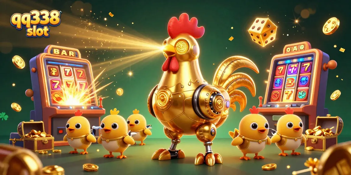 Experience thrilling gameplay with the qq338 slot featuring an animated golden rooster robot and colorful casino elements.
