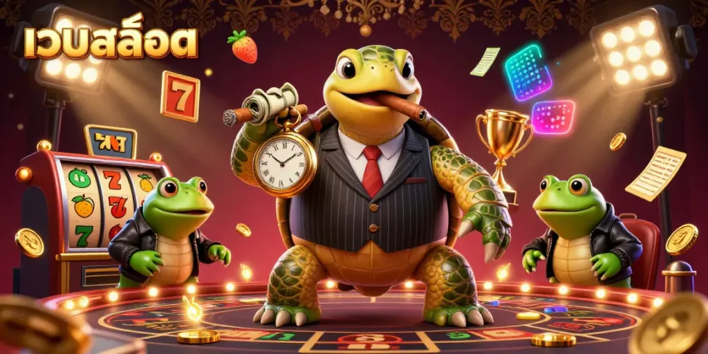Engaging เว็บสล็อต graphic showcasing a cartoon snapping turtle with bullfrog enforcers and dynamic casino symbols.
