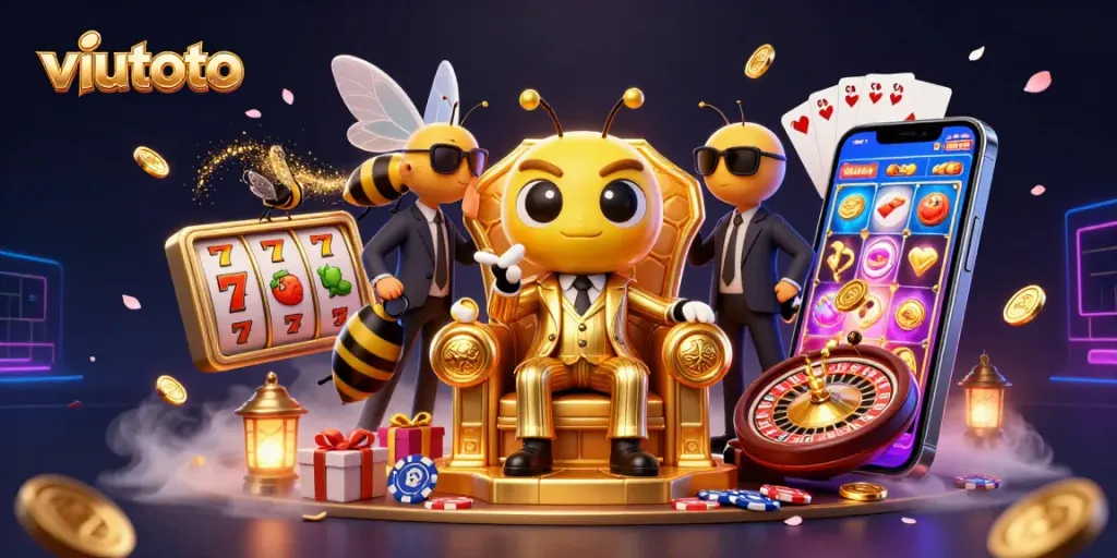 Permainan viutoto diilustrasikan secara menarik dalam suasana kasino dengan elemen slot dan karakter menarik.