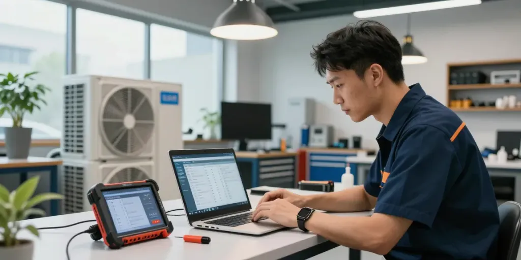 HVAC Software in action as a technician analyzes equipment diagnostics in a modern workshop.