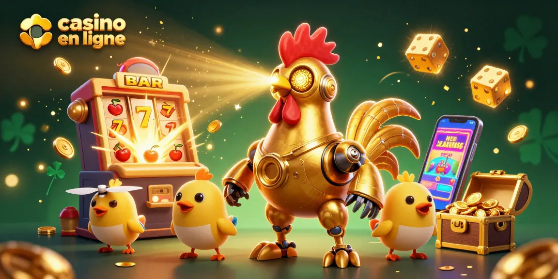 Découvrez l'univers captivant du casino en ligne avec un robot coq futuriste et des drones, entourés de machines à sous et de trésors.