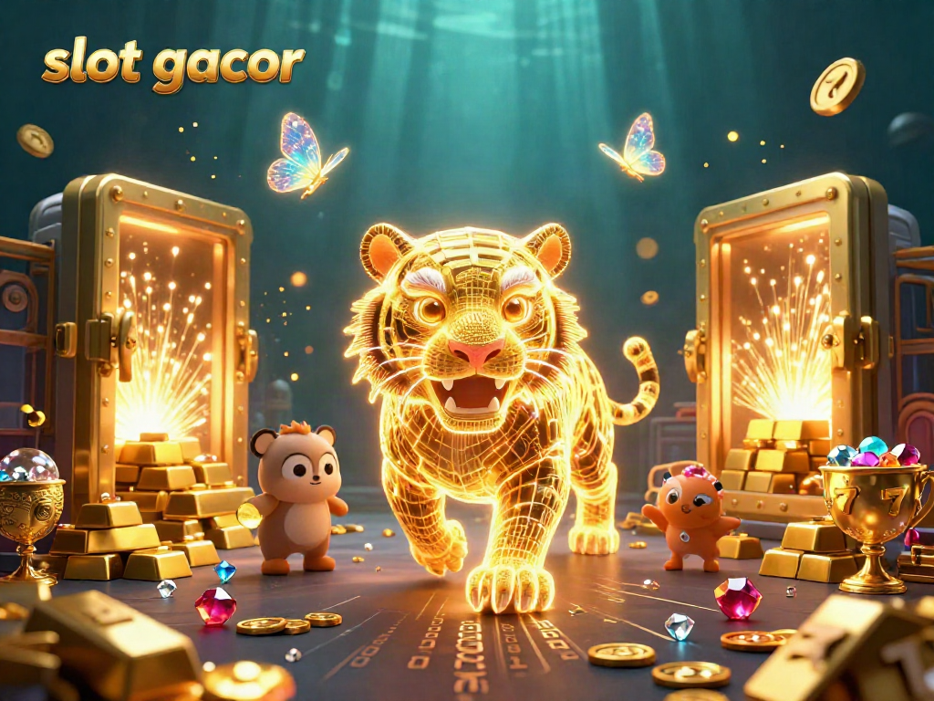 Experience slot gacor gaming with detailed visuals of a golden tiger in a vibrant casino landscape.