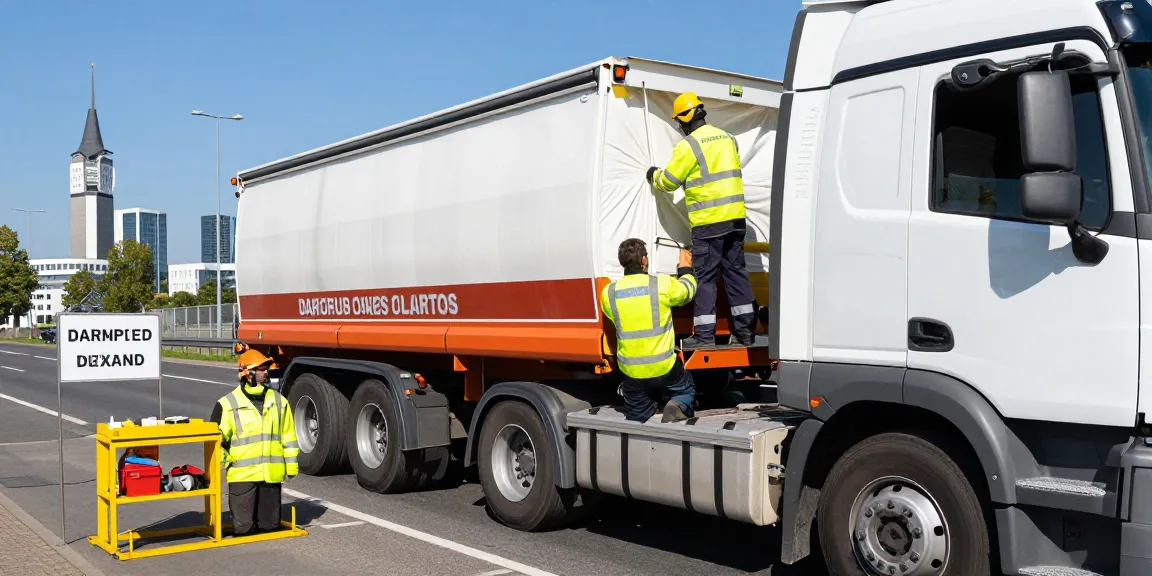 Gefahrguttransport in Dortmund: Professioneller Fahrer belädt Gefahrstoffe sicher auf modernen Lkw in urbaner Umgebung.
