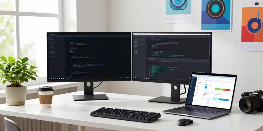 Workspace for Android app development at h5.2113.net with dual monitors and coding tools.