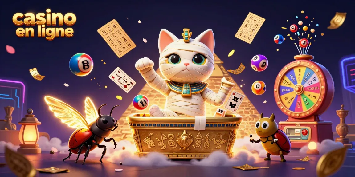 Immersion dans le monde du casino en ligne avec un chat momie et des boules de loterie dynamiques.