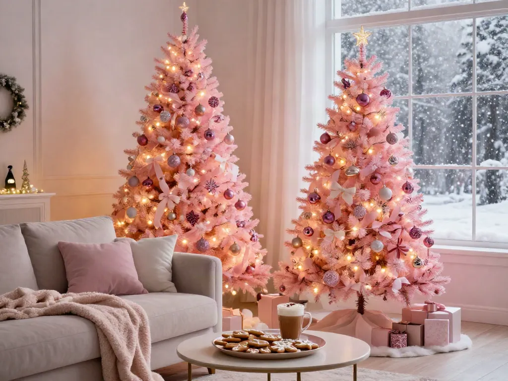 Cozy living room with a pink Christmas tree adorned with festive decor and holiday treats.
