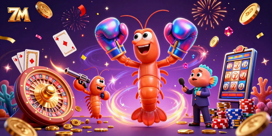 Experience thrilling gameplay with 7M as shrimp characters celebrate wins in a vibrant casino scene.