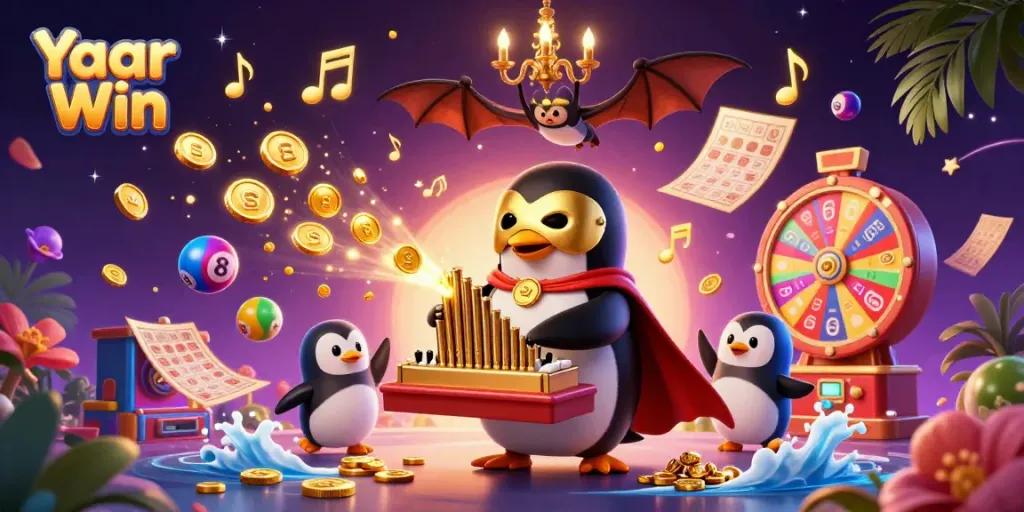 Experience the thrill of Yaar Win with a penguin and bat in a dynamic casino scene.