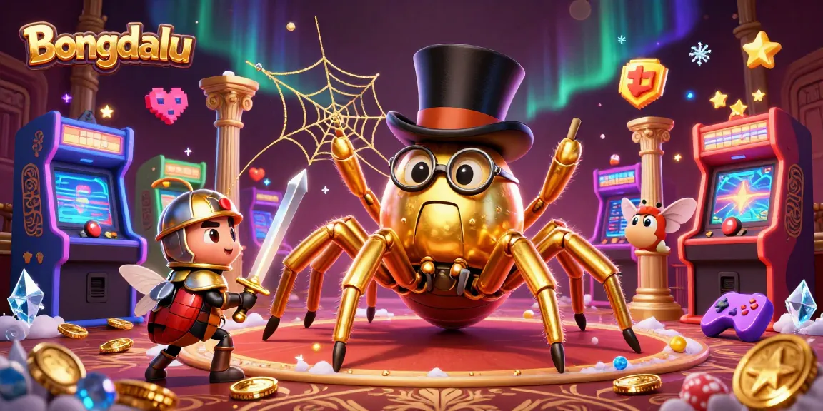 Bongdalu showcases a giant golden tarantula weaving a golden web in a vibrant casino scene with dynamic game elements.