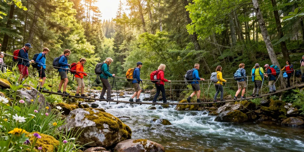 Group of hikers crossing a River Rope Bridge above a lush river, showcasing an adventurous outdoor experience.