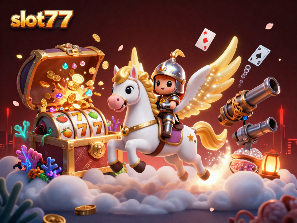 Engage in the excitement of slot777 as a knight rides a celestial horse through a vibrant casino world.