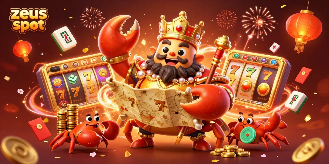 Engage with the zeus slot experience through a vibrant 3D illustration featuring a golden crab emperor and lively casino elements.