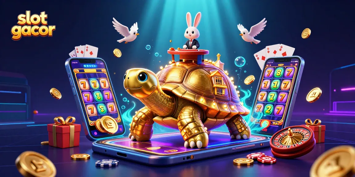 Engage with slot gacor gameplay featuring a vivid illustration of winning moments with golden tortoise and rabbit dealer.