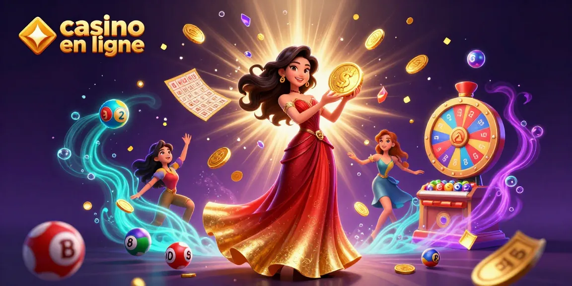 Participez à des jeux de casino en ligne palpitants représentés par une femme glamour tenant une pièce d'or au milieu d'éléments vibrants.