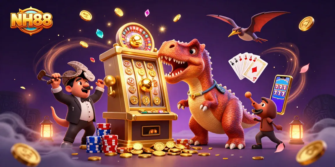 NH88 shows an energetic scene with a pachycephalosaurus hitting a slot machine and coins flying everywhere.