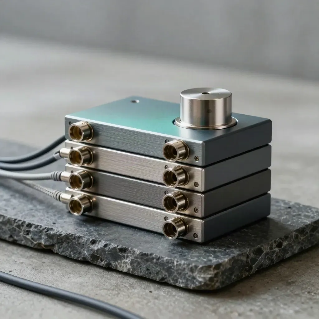 Modular metal blocks, braided leads, and a status puck on dark stone in soft studio light