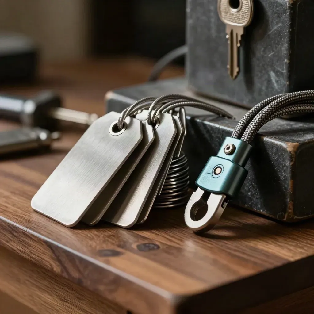 Deployment tags, coupler and coiled cable on walnut and stone with a faint teal glint.