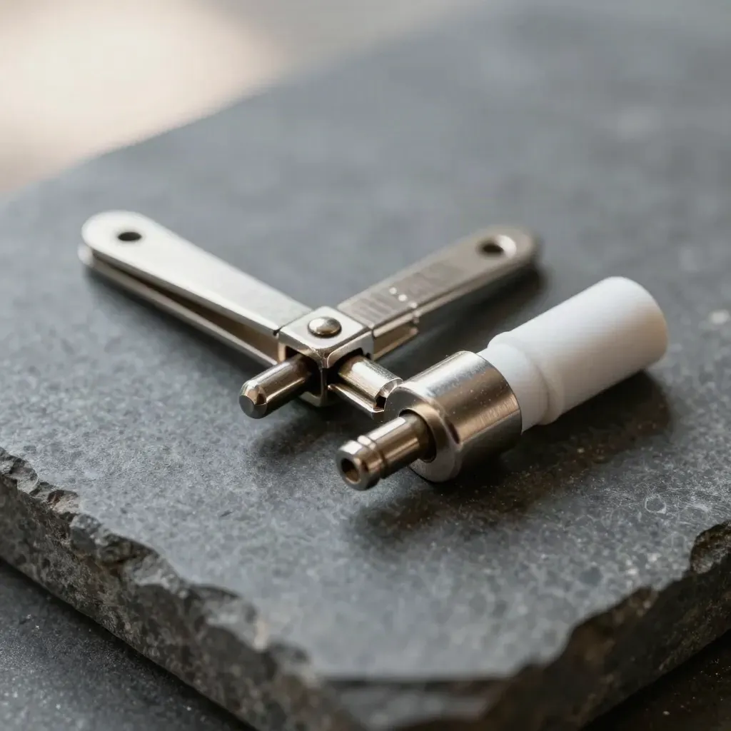 Macro of connected patch clips and a bridge lead on graphite stone.