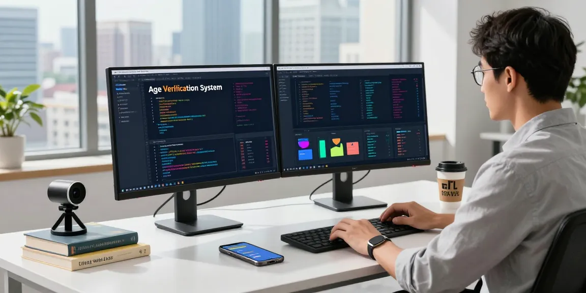 Developer working on an age verification system at a modern tech workspace with dual monitors.