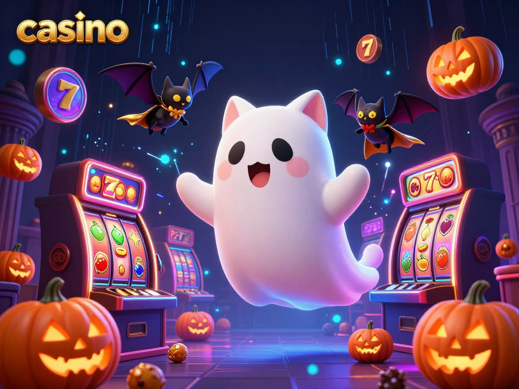 Engage in thrilling casino fun with the ghost cat and vampire bat amidst glowing slot elements.
