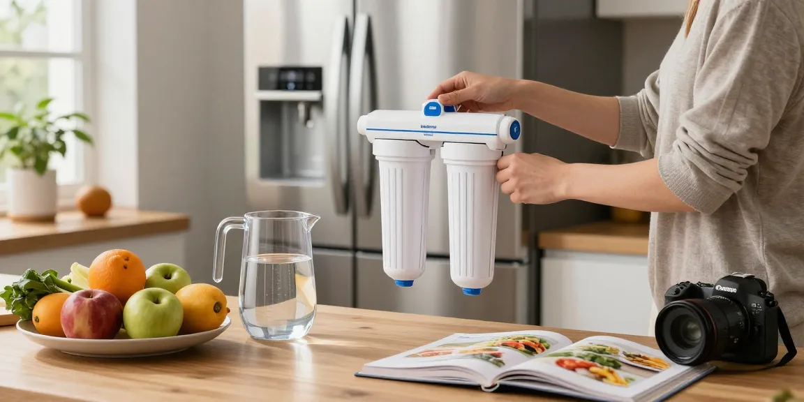 Person installing Waterdrop 7440000 Filter Replacement for Liebherr® 7440000 in a modern kitchen full of health-conscious elements.