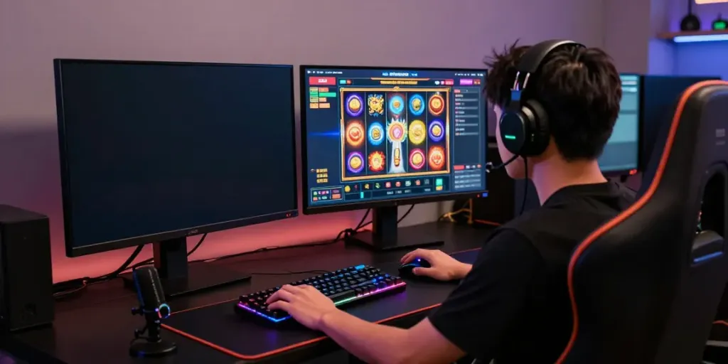 Engaged player at a modern gaming setup enjoying server Thailand slot games with vibrant graphics.