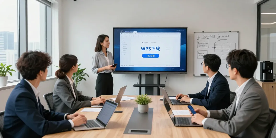 Team collaborating on WPS Office usage with wps下载 highlighted at digital screen in a modern office.