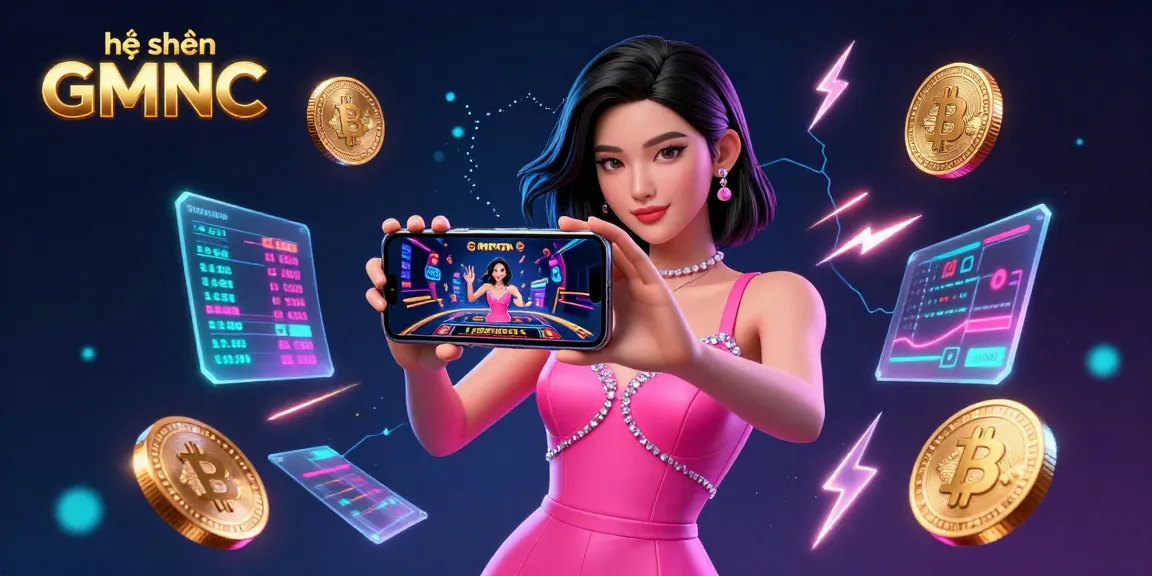 Engage with the vibrant hệ thống GMNC showcasing a confident Asian woman in a pink dress exploring live dealer casino games.