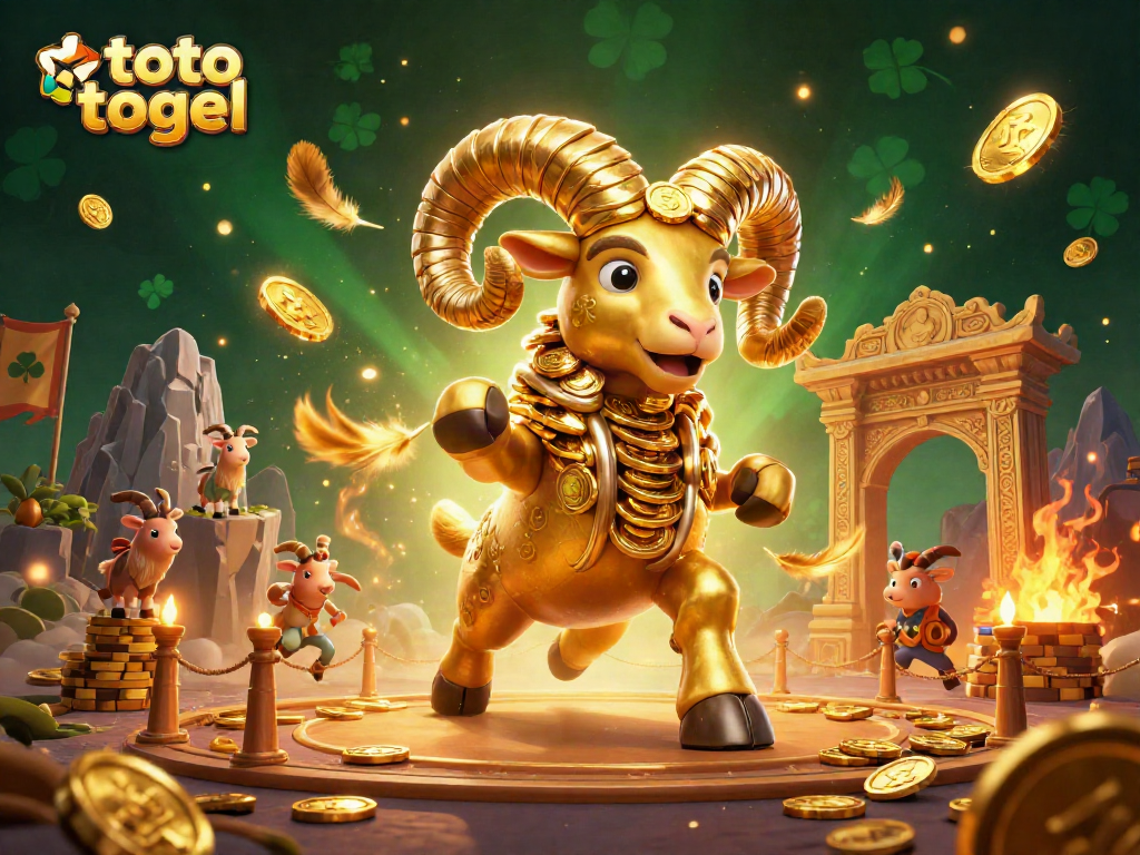 Engage with the thrilling world of toto togel as a golden ram charges through an ornate gaming arena.