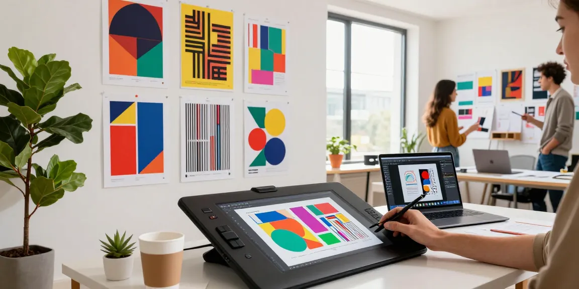 Creative workspace showcasing vibrant custom poster printing designs and artist collaboration.