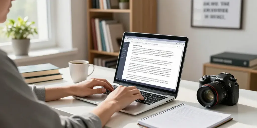 AI copywriting in Polish featuring a modern workspace with a person typing on a laptop amidst writing resources.