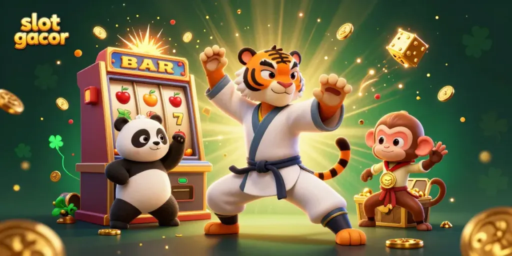 Engage with slot gacor excitement through a vibrant illustration of a kung fu tiger master amid dynamic casino elements.