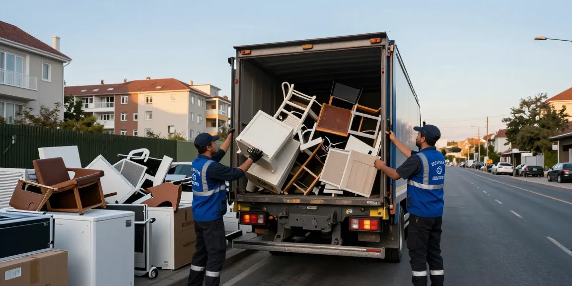 Sperrmüllabholung 80 Euro Berlin team loading scrap metal, old furniture, and appliances into truck.