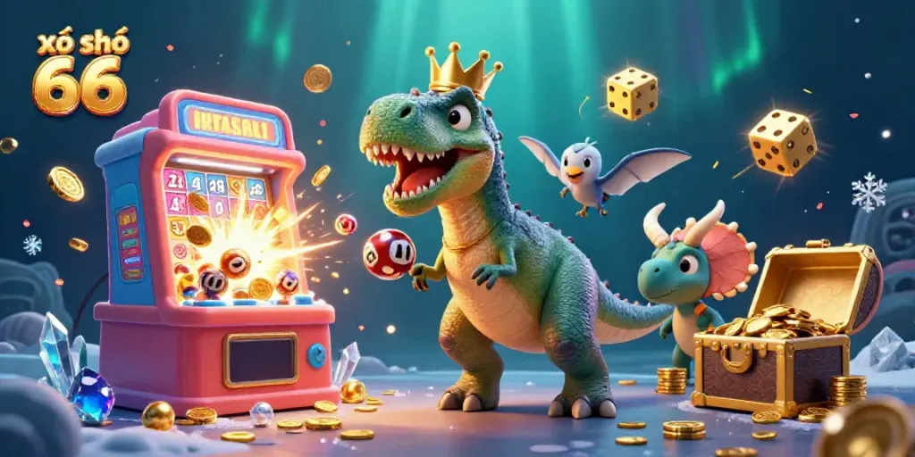 Experience the excitement of xổ số 66 with a colorful lottery scene featuring playful characters and jackpot elements.