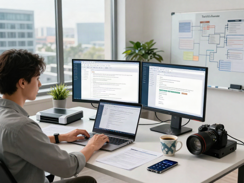 Data analyst using document fraud detection software tools in a modern workspace.