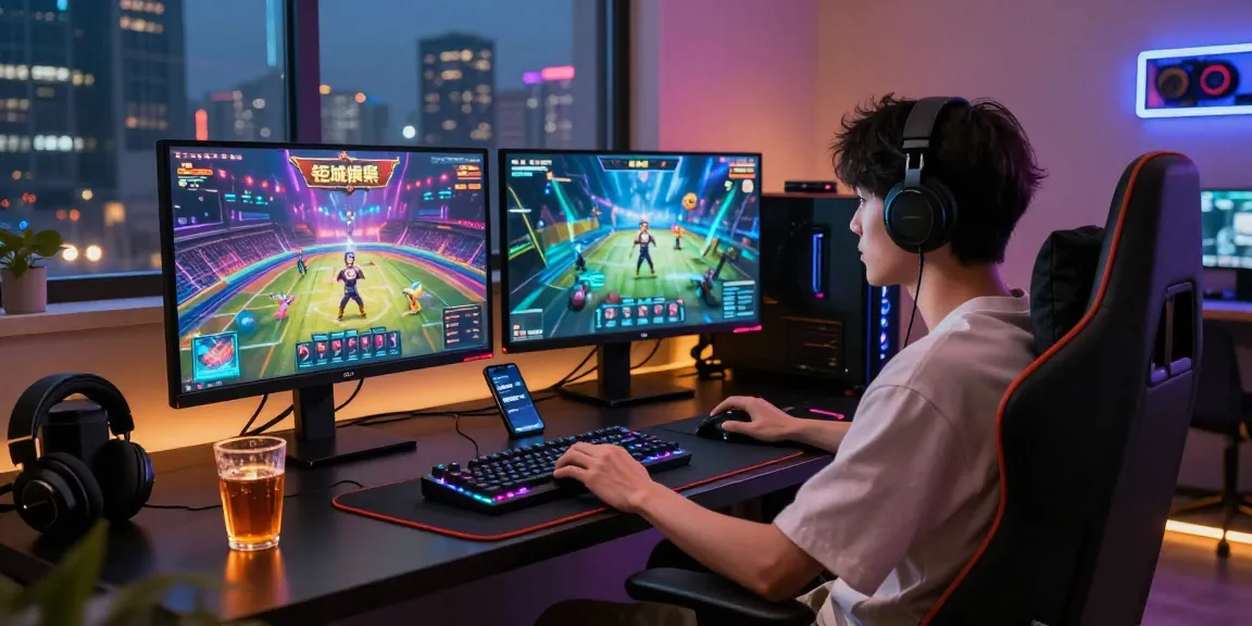 Engaged gamer enjoying 鉅城娛樂 games in a modern gaming setup with vibrant atmosphere.